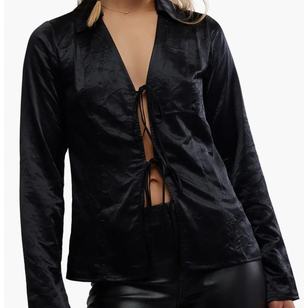 Free People Black Satin Tie-Front Top - Picture 2 of 8